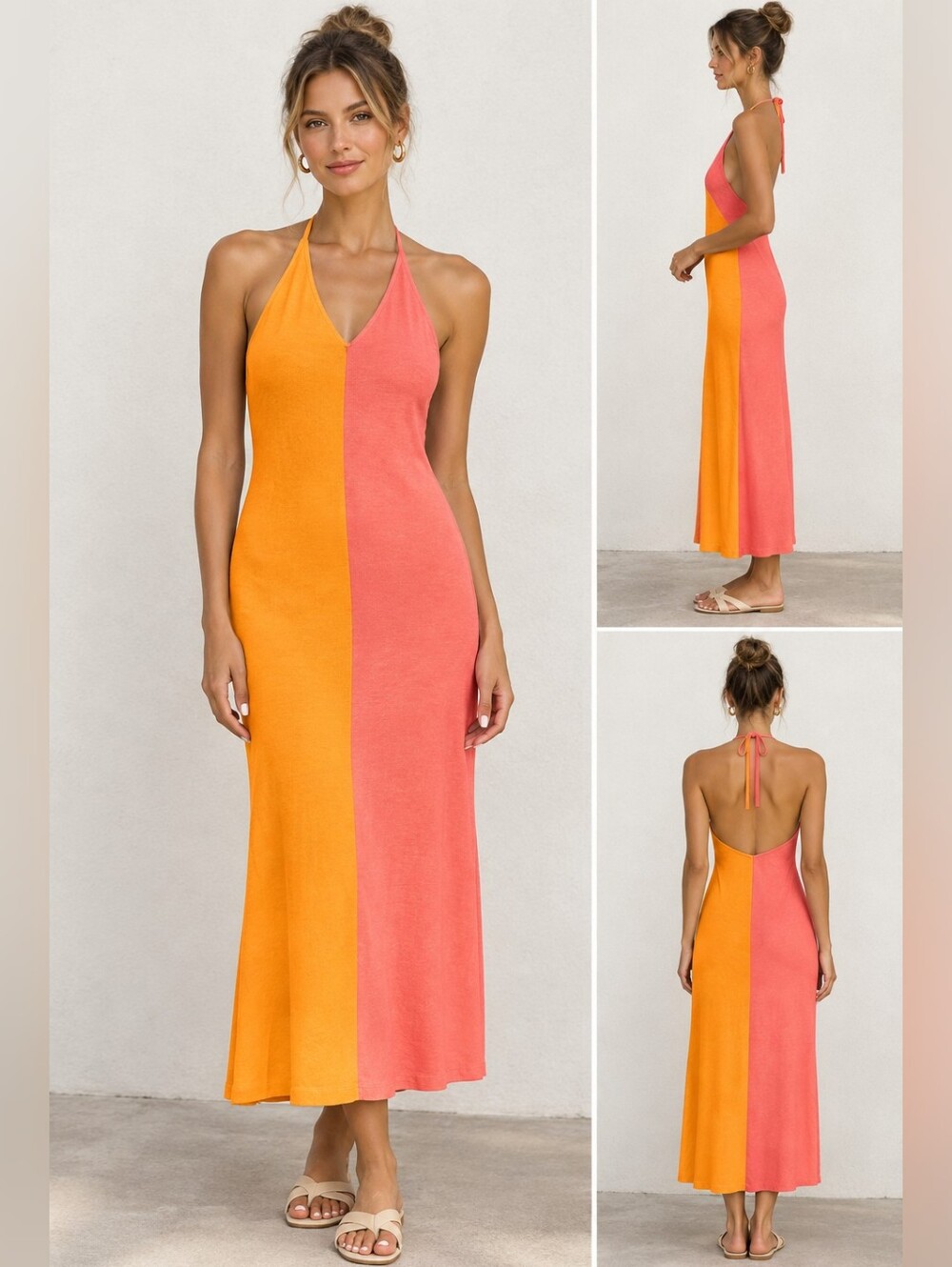 ZARA Colorblock Knit Halter Maxi Dress Pink & Orange Small